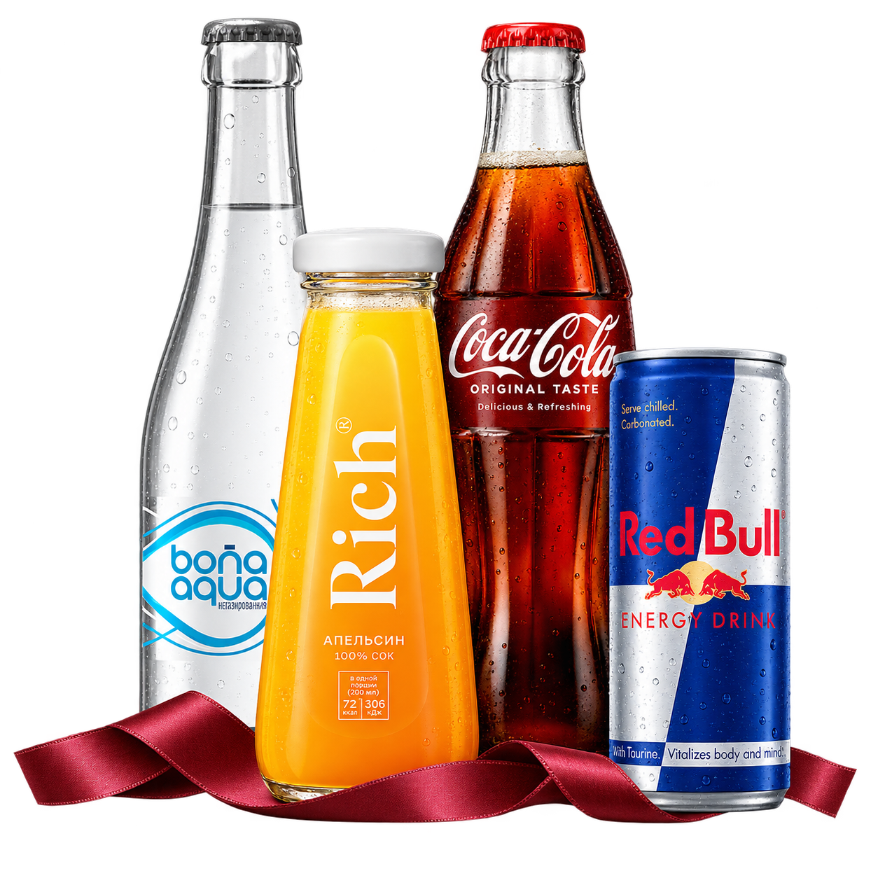 Вода BonAqua, сок Rich, стеклянная Coca-Cola и энергетик Red Bull