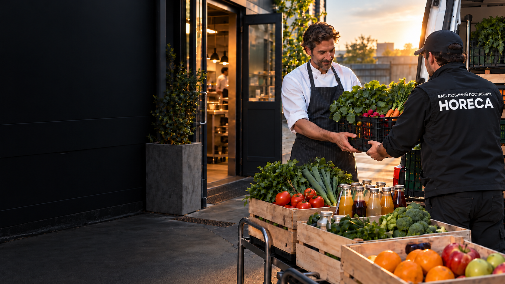 Курьер HORECA передаёт ресторану свежие овощи и напитки